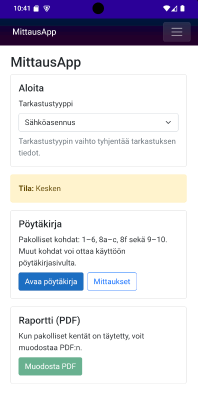 Asentajan p&ouml;yt&auml;kirja: mittaustulosten sy&ouml;tt&ouml;