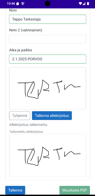Asentajan p&ouml;yt&auml;kirja: allekirjoitus mobiilissa