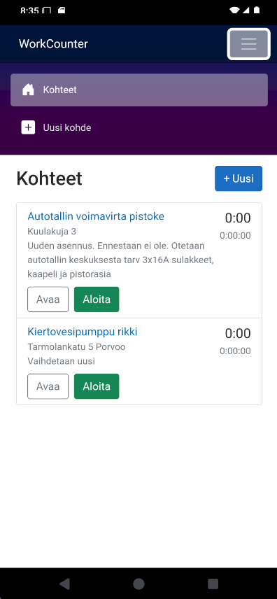 WorkCounter: kohdelista ja ajanseuranta
