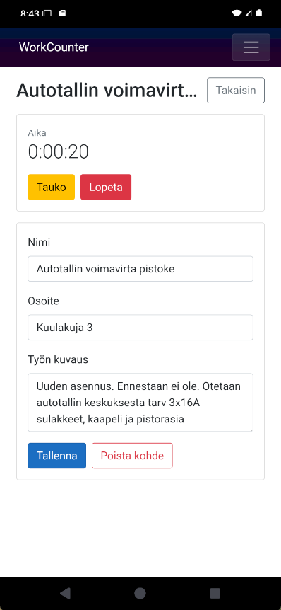 WorkCounter: kohteen ajastin ja painikkeet