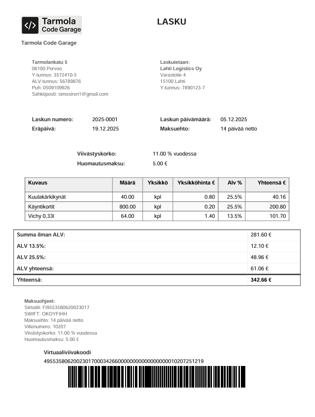 Valmis laskupohja asiakkaalle